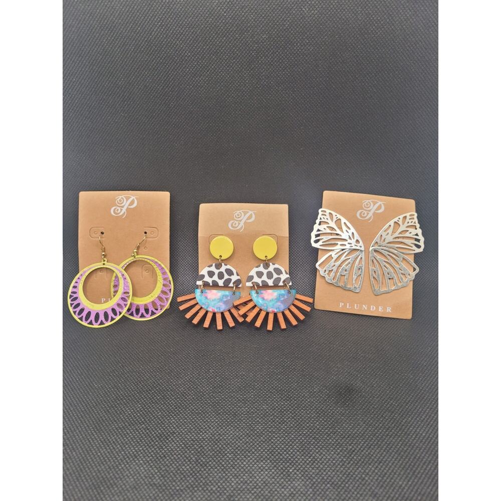 Plunder Earrings Bundle 3 Pairs Boho Statement Dangle Geometric Colorful